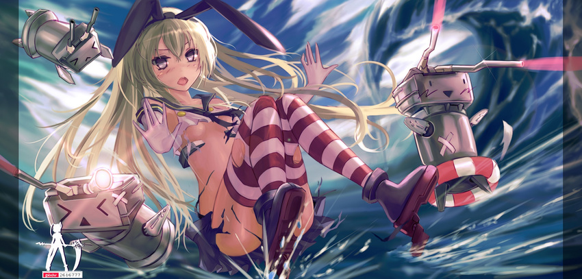 &gt;_&lt; black_panties blonde_hair closed_eyes elbow_gloves gloves highres kantai_collection lifebuoy long_hair looking_at_viewer panties rensouhou-chan shimakaze_(kantai_collection) socks striped striped_legwear thighhighs underwear wangchuan_de_quanyan white_gloves