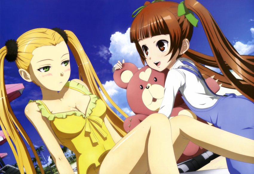 absurdres aoki_hagane_no_arpeggio beach bikini blonde_hair blush breasts brown_eyes brown_hair cleavage cloud day green_eyes haruna_(aoki_hagane_no_arpeggio) highres kirishima_(aoki_hagane_no_arpeggio) legs long_hair medium_breasts multiple_girls non-web_source nyantype official_art open_mouth osakabe_makie outdoors pout sky stuffed_animal stuffed_toy swimsuit teddy_bear twintails uetaka_masanori very_long_hair yotarou_(aoki_hagane_no_arpeggio)