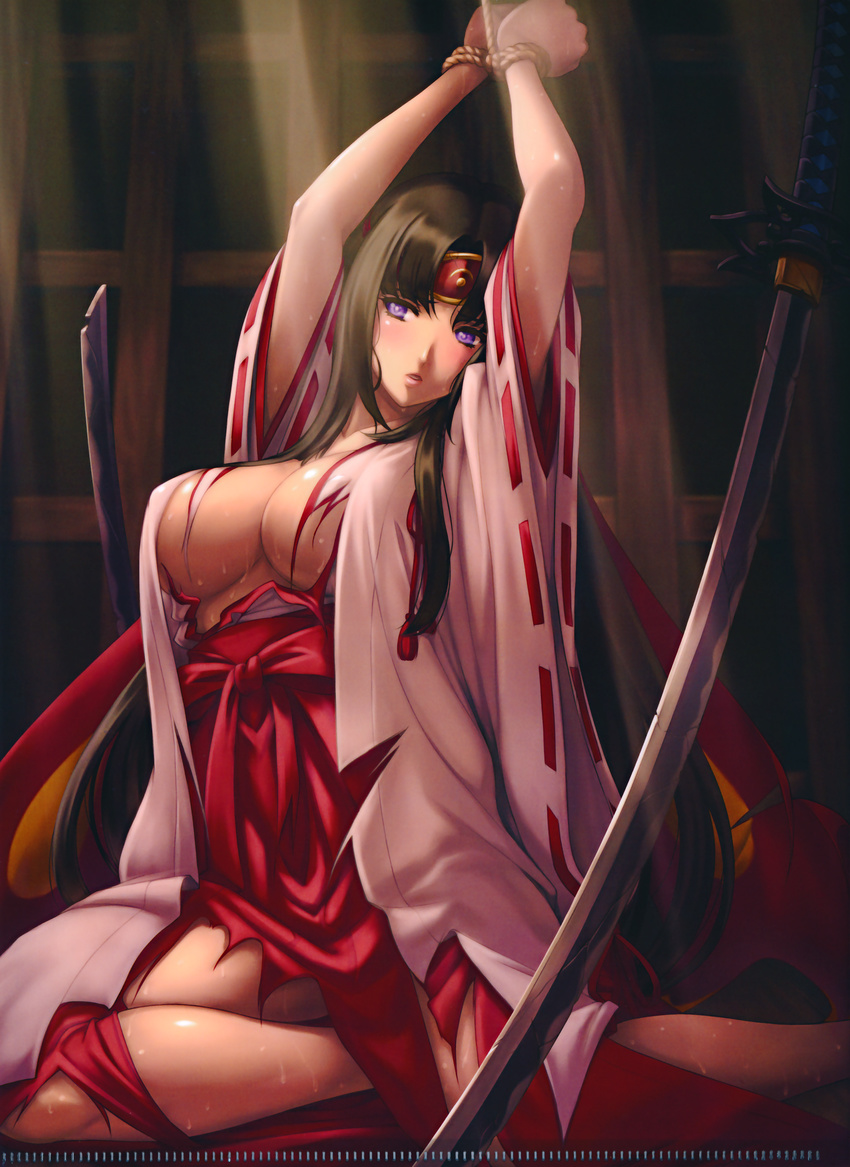 absurdres bdsm black_hair blue_eyes bondage bound bound_wrists breasts covered_nipples eiwa highres japanese_clothes katana large_breasts long_hair miko no_bra open_clothes open_shirt parted_lips queen's_blade ribbon-trimmed_sleeves ribbon_trim rope shirt solo sweat sword tomoe torn_clothes very_long_hair weapon