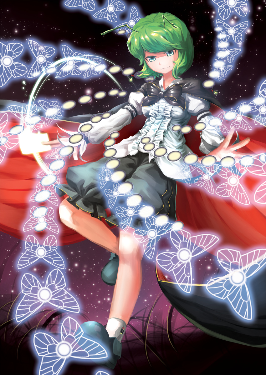 ankle_socks antennae arm_belt bad_id bad_pixiv_id bow breasts bug butterfly cape danmaku firefly frilled_shirt frills grass green_eyes green_hair highres hijiwryyyyy imperishable_night impossible_clothes impossible_shirt insect juliet_sleeves leg_up long_sleeves looking_at_viewer medium_breasts night puffy_sleeves shirt short_hair shorts sky smile solo spell_card star_(sky) starry_sky touhou wriggle_nightbug