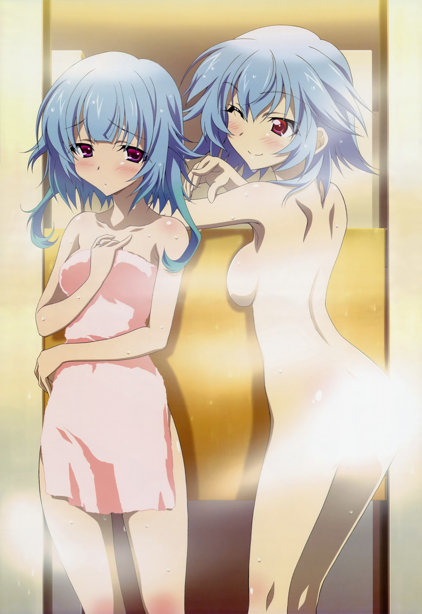 ;) absurdres blue_hair blush breasts censored convenient_censoring covering highres hirayama_madoka infinite_stratos medium_breasts multiple_girls nude nude_cover nyantype official_art one_eye_closed purple_eyes red_eyes sarashiki_kanzashi sarashiki_tatenashi scan siblings sideboob sisters smile standing steam steam_censor towel wet