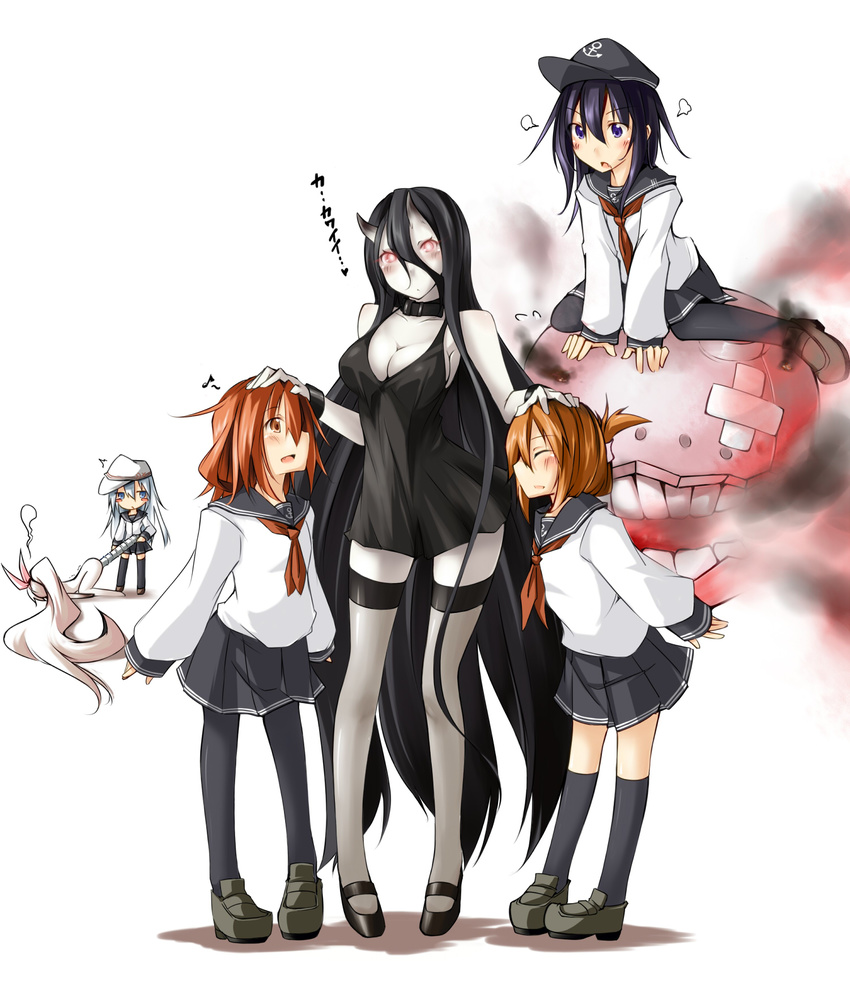 6+girls akatsuki_(kantai_collection) armored_aircraft_carrier_hime bangle bare_shoulders battleship_hime black_dress black_hair black_legwear blue_eyes blush bracelet breasts brown_eyes brown_hair cleavage collar dress drill eighth_note escort_fortress_(kantai_collection) folded_ponytail giving_up_the_ghost hair_between_eyes hammer_and_sickle hat hibiki_(kantai_collection) highres ikazuchi_(kantai_collection) inazuma_(kantai_collection) jewelry kaminagi_(kaminagi-tei) kantai_collection kneehighs large_breasts loafers long_hair long_sleeves mary_janes multiple_girls musical_note oni_horns open_mouth pale_skin pantyhose petting pigeon-toed pleated_skirt red_eyes school_uniform serafuku shinkaisei-kan shoes short_dress sideways_mouth silver_hair sitting skirt sleeves_past_wrists spoken_musical_note standing star thighhighs top-down_bottom-up translated verniy_(kantai_collection) very_long_hair zettai_ryouiki