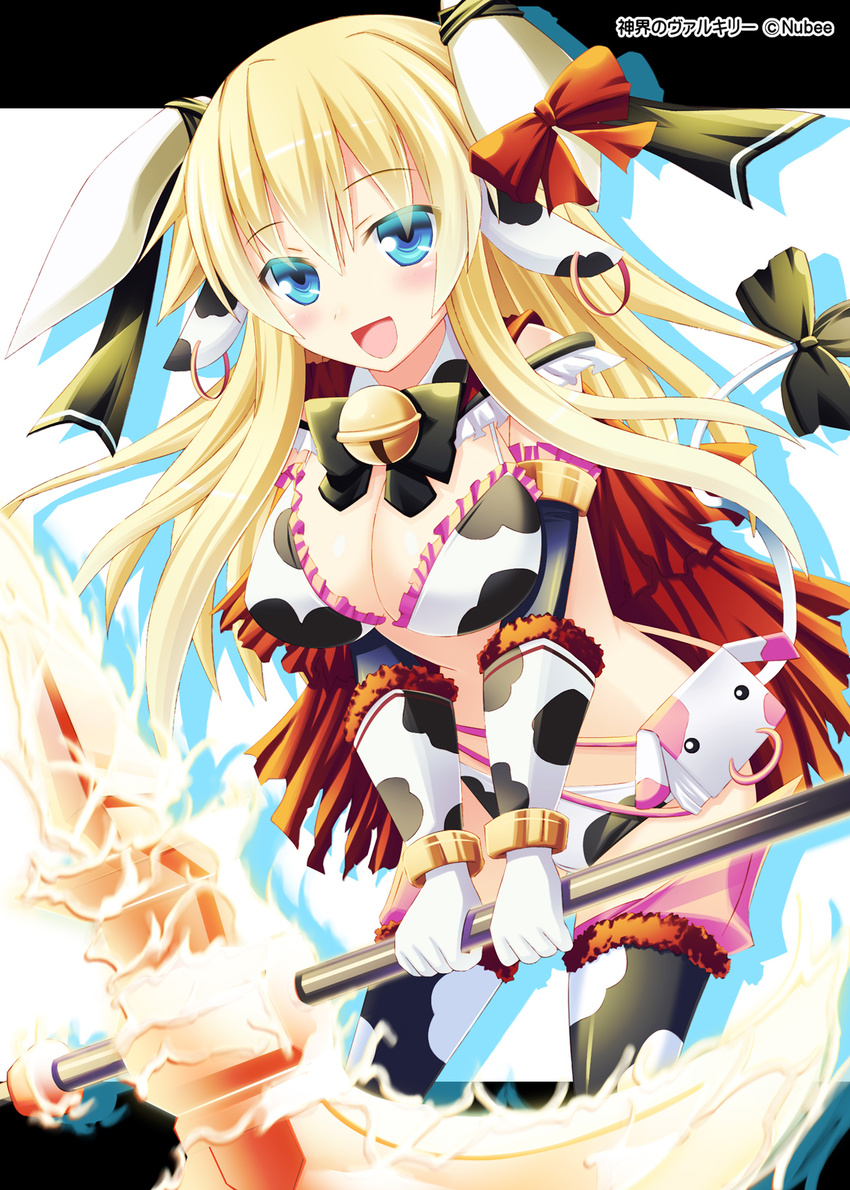 :d :o axe bell bell_collar blonde_hair blue_eyes breasts cleavage collar colored_eyelashes cow_girl cowboy_shot highres holding holding_weapon large_breasts looking_at_viewer minotaur_(shinkai_no_valkyrie) official_art open_mouth polearm ribbon rod shinkai_no_valkyrie smile staff standing usaginezumi weapon