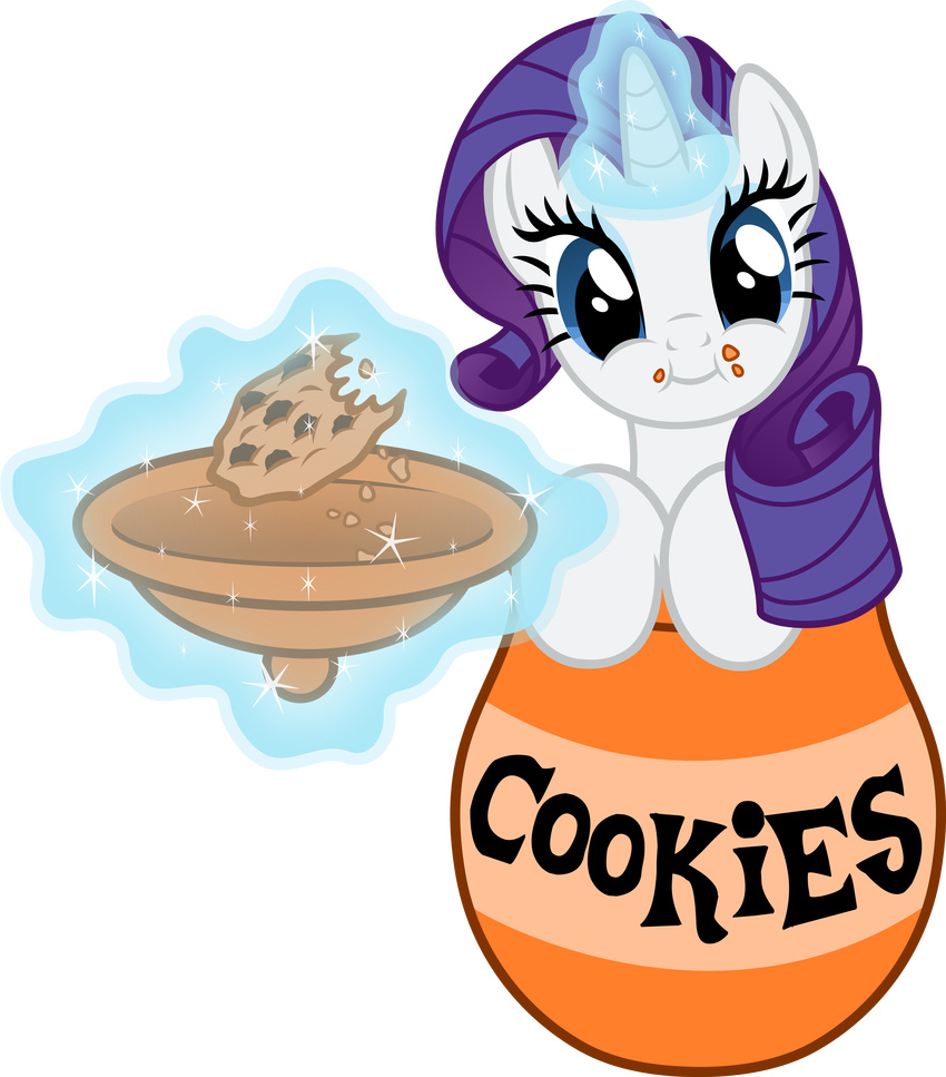 absurd_res blue_eyes cookie cookie_jar crumbs cute eating english_text equine eyeshadow female filpapersoul friendship_is_magic fur glowing hair hi_res horn horse jar levitation looking_at_viewer magic makeup mammal my_little_pony pony purple_hair rarity_(mlp) solo sparkles text unicorn vector white_fur