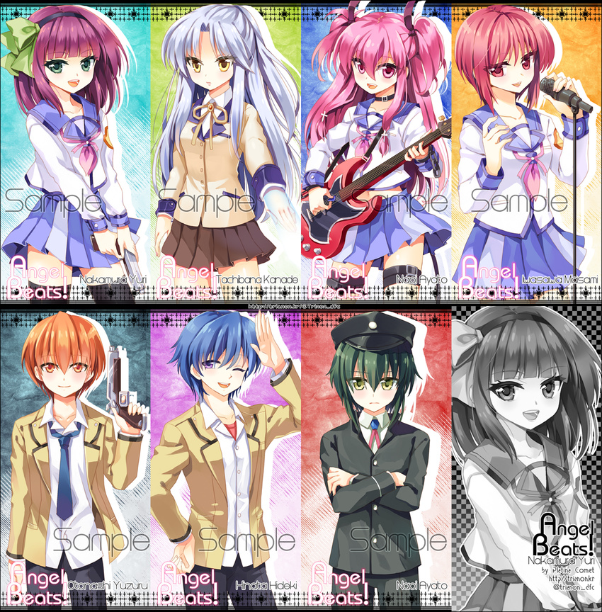 4girls angel_beats! guitar gun hat highres hinata_(angel_beats!) instrument iwasawa md5_mismatch microphone multiple_boys multiple_girls music naoi_ayato otonashi_(angel_beats!) playing_instrument salute sample school_uniform serafuku shinda_sekai_sensen_uniform tenshi_(angel_beats!) thighhighs trianon weapon yui_(angel_beats!) yuri_(angel_beats!)