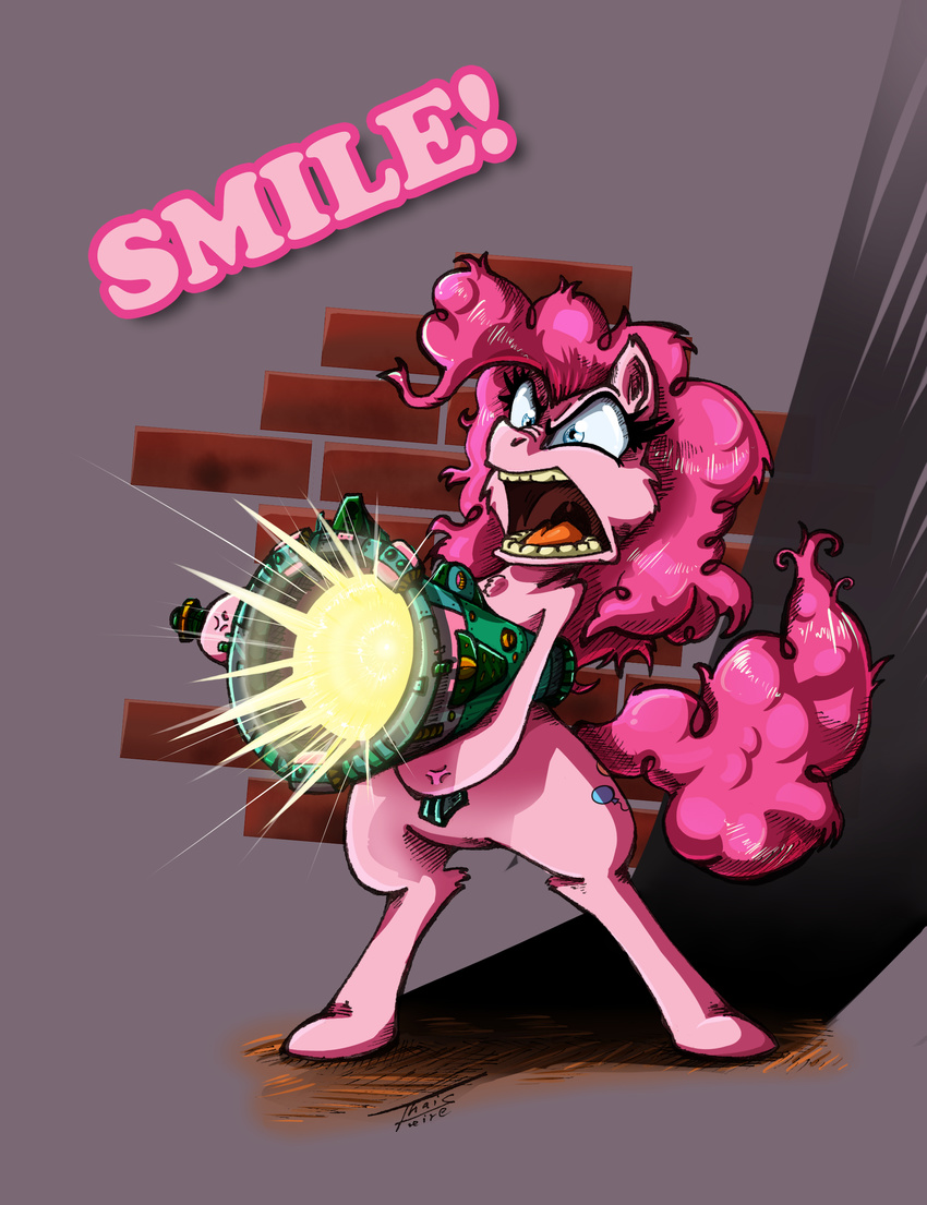 cutie_mark english_text equine female feral friendship_is_magic fur glowing gun hair horse long_hair mammal my_little_pony open_mouth pimander1446 pink_fur pink_hair pinkie_pie_(mlp) pony ranged_weapon solo teeth text tongue weapon