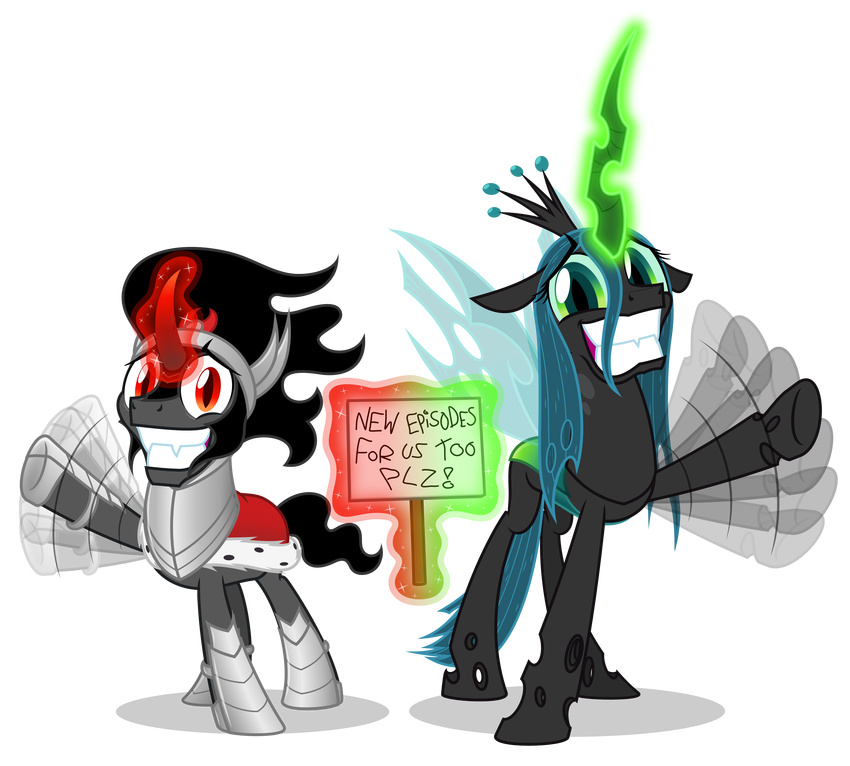 absurd_res alpha_channel armor black_hair cat_eyes changeling crown duo english_text equine fangs female friendship_is_magic fur glowing green_eyes green_hair hair hi_res holes horn horse king_sombra_(mlp) levitation long_hair magic male mammal my_little_pony nervous_smile plain_background pony queen_chrysalis_(mlp) red_eyes sign slit_pupils smile sparkles standing straight_hair text tiara transparent_background unicorn wings zutheskunk