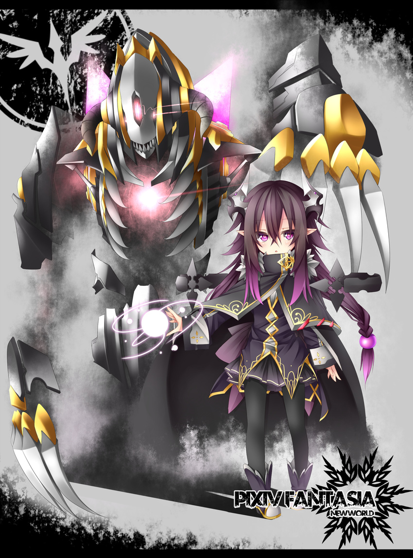 chabaneko commentary_request copyright_name demon father_and_daughter highres horns kuromu_(chabaneko) letterboxed long_hair looking_at_viewer pantyhose pixiv_fantasia pixiv_fantasia_new_world pointy_ears purple_eyes purple_hair skirt