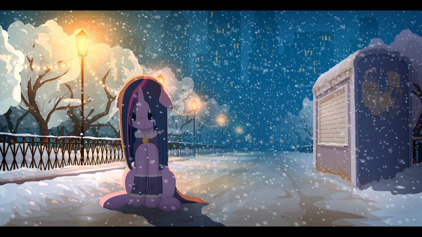 building city city_background clothing coat crying detailed_background equine female feral friendship_is_magic frown fur gign-3208 hair hair_over_eyes horn horse lamppost long_hair mammal multi-colored_hair my_little_pony newsstand outside paper papers pony purple_eyes purple_fur purple_hair shadow sitting sky snow snowing solo straight_hair tears tree twilight_sparkle_(mlp) unicorn