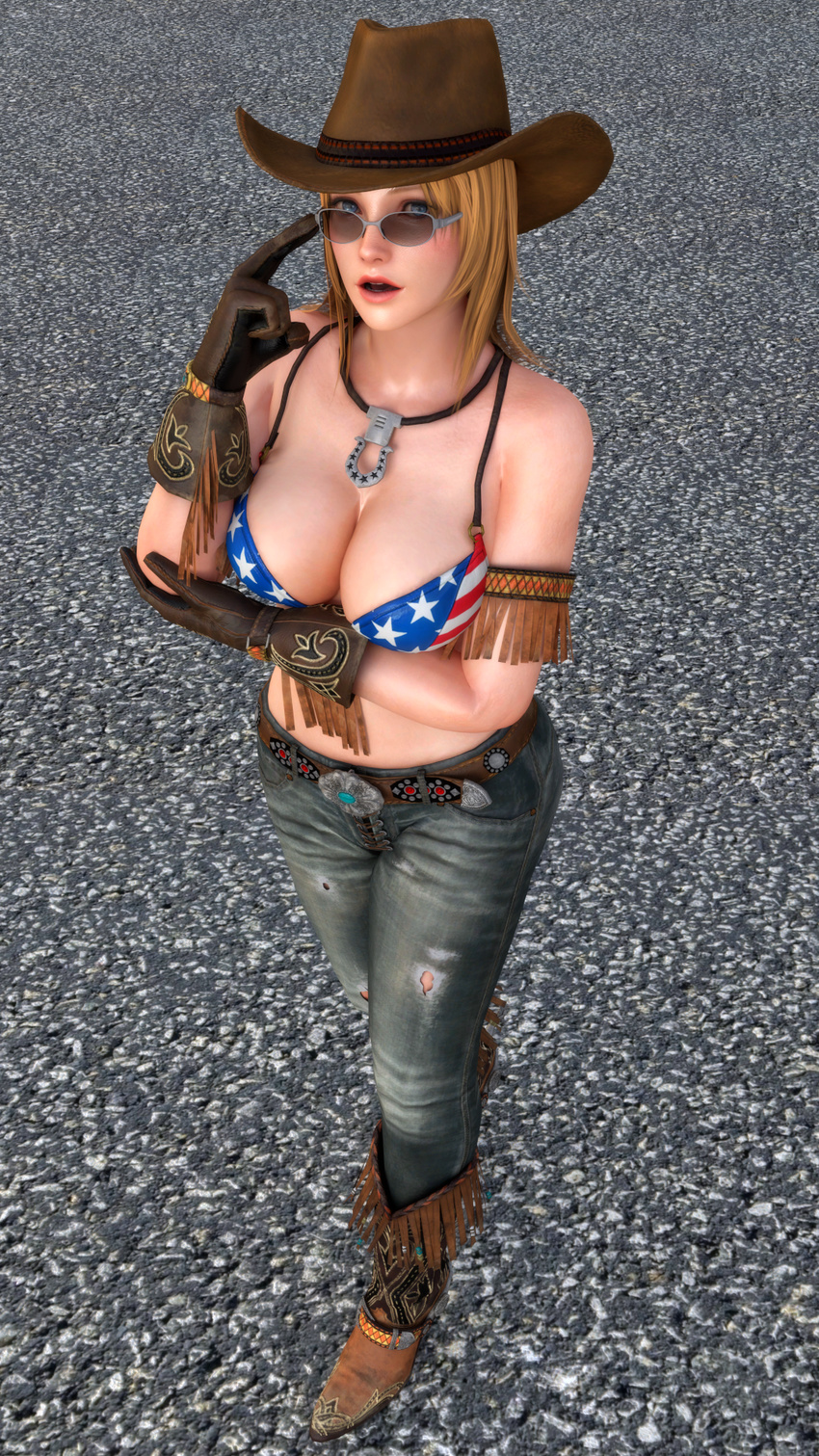 1girl 3d american_flag_bikini belt bikini blonde_hair blue_eyes boots breasts cow_girl cowboy_hat cowgirl dead_or_alive denim flag_print fringe gloves hat highres horseshoe jeans jewelry large_breasts necklace pants short_hair solo sunglasses swimsuit tina_armstrong trahtenberg western wild_west