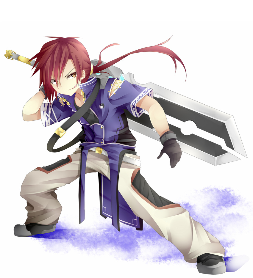 chabaneko highres male_focus original red_hair simple_background solo sword tongue tongue_out weapon white_background yellow_eyes