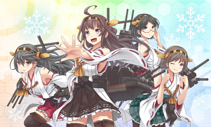 black_hair brown_hair glasses haruna_(kancolle) hiei_(kancolle) japanese_clothes kantai_collection kirishima_(kancolle) kongou_(kancolle) v-mag weapon wink