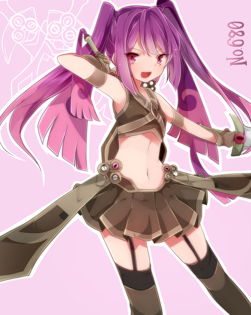 doublade garter_straps gen_6_pokemon gloves highres midriff multicolored_hair navel personification pink_eyes pink_hair pokemon purple_hair skirt solo sword takeshima_(nia) thighhighs twintails two-tone_hair weapon