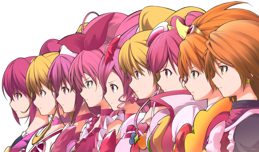 aida_mana aino_megumi blonde_hair blue_eyes bow brown_eyes brown_hair choker color_connection cure_black cure_bloom cure_blossom cure_dream cure_happy cure_heart cure_lovely cure_melody cure_peach dokidoki!_precure fresh_precure! futari_wa_precure futari_wa_precure_max_heart futari_wa_precure_splash_star group_picture group_profile hanasaki_tsubomi happinesscharge_precure! heartcatch_precure! highres hoshizora_miyuki houjou_hibiki hyuuga_saki lineup long_hair magical_girl md5_mismatch misumi_nagisa momozono_love multiple_girls nanaku_teiru pink_bow pink_choker pink_eyes pink_hair portrait precure profile short_hair simple_background smile_precure! suite_precure tiara trait_connection white_background yes!_precure_5 yes!_precure_5_gogo! yumehara_nozomi