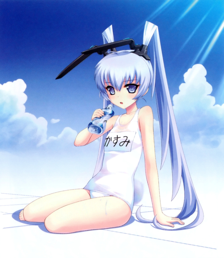 animal_ears barefoot blue_eyes blue_hair blush bottle bou bunny_ears cloud day highres looking_at_viewer muvluv name_tag official_art one-piece_swimsuit open_mouth school_swimsuit sitting sky solo swimsuit twintails white_school_swimsuit white_swimsuit yashiro_kasumi yokozuwari