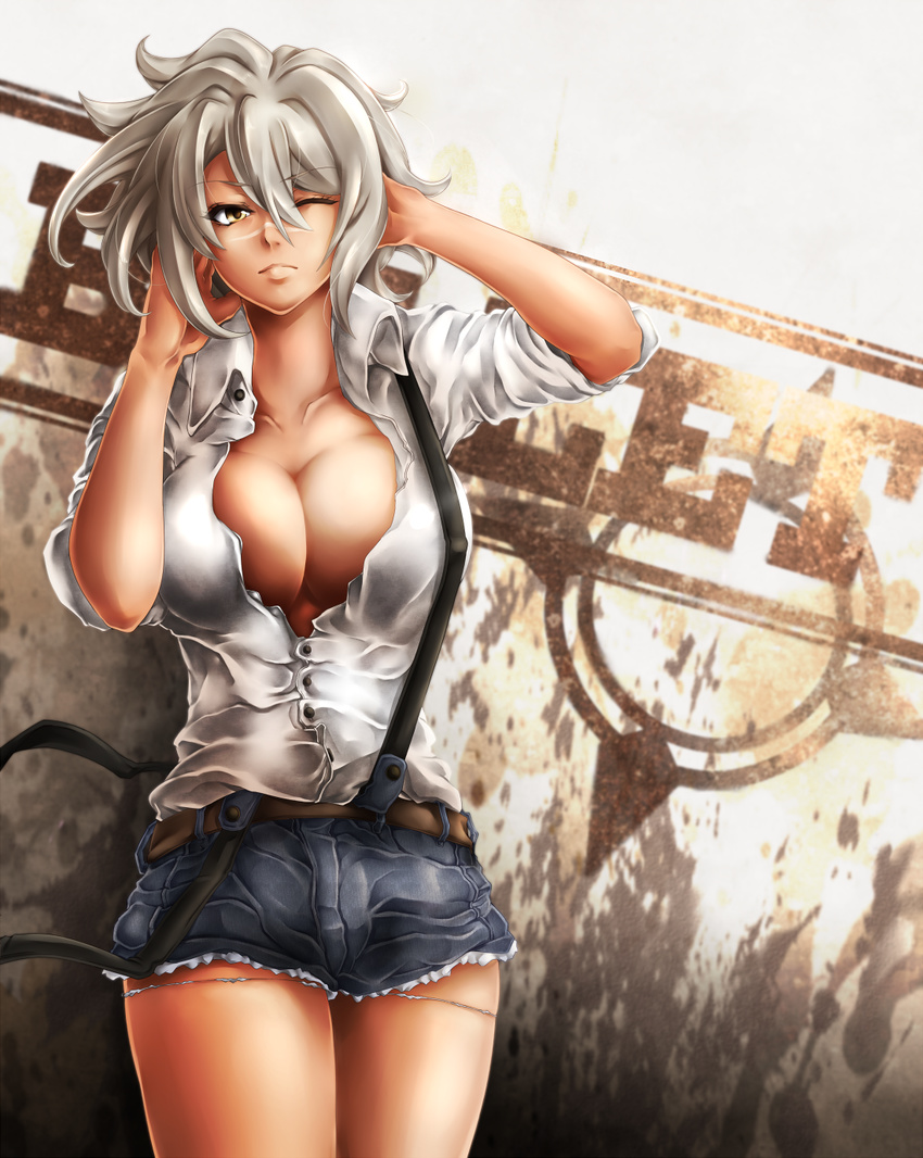 belt blazblue blazblue:_chronophantasma breasts bullet_(blazblue) casual cleavage denim denim_shorts highres large_breasts no_bra one_eye_closed scar short_hair short_shorts shorts silver_hair sleeves_pushed_up smile solo suspenders tdnd-96 thighs yellow_eyes