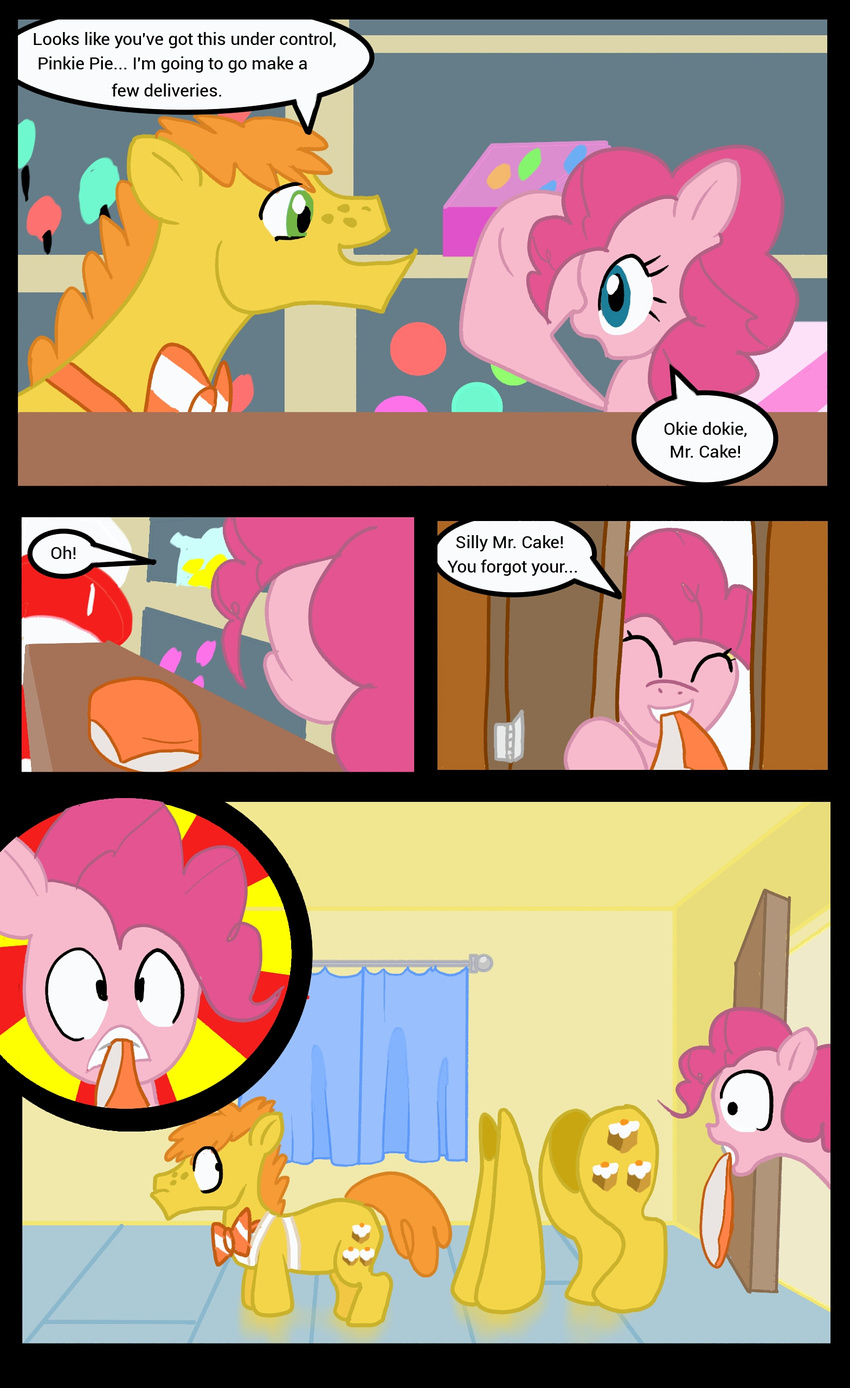 bow_tie comic counter cutie_mark dialog duo english_text equine eyes_closed female feral friendship_is_magic fur green_eyes hair hapoppo hat horse long_hair looking_at_viewer looking_back male mammal mr_cake_(mlp) my_little_pony open_mouth orange_hair pink_fur pink_hair pinkie_pie_(mlp) pony shocked smile text