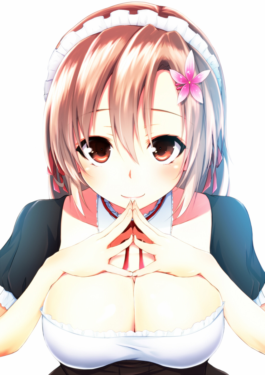 alternate_breast_size boku_wa_tomodachi_ga_sukunai breasts brown_eyes brown_hair cleavage close-up flower hair_ornament hair_ribbon highres kusunoki_yukimura large_breasts looking_at_viewer maid maid_headdress natuki_touji ribbon short_hair smile solo