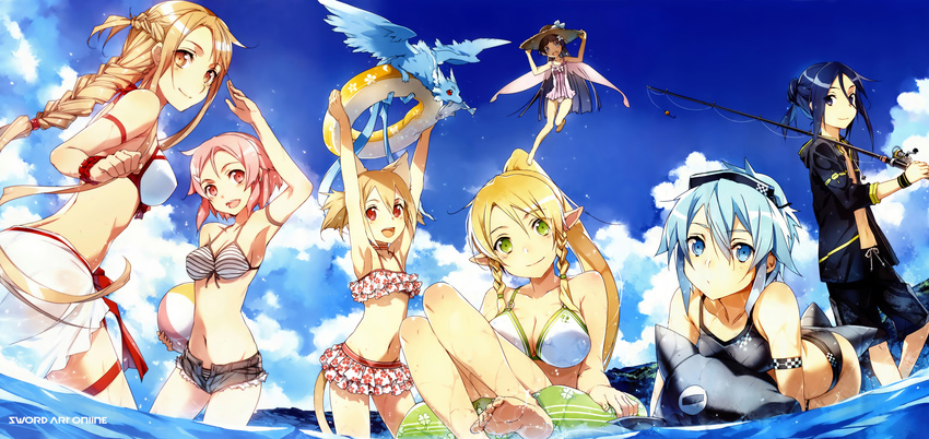 6+girls :d abec absurdres all_fours animal_ears arm_strap armpits arms_up asuna_(sao) bangs barefoot bikini bikini_skirt black_bikini black_hair blonde_hair blue_eyes blue_hair blue_skin braid breasts brown_eyes brown_hair cat_ears cat_tail choker cleavage cloud cutoffs day diving_mask dragon fairy fish fishing_rod floral_print folded_ponytail french_braid frilled_bikini frills goggles goggles_on_head green_eyes hair_between_eyes hair_ornament hairclip hat high_ponytail highres huge_filesize inflatable_dolphin inflatable_toy innertube kirito kirito_(sao-ggo) leafa lisbeth long_hair long_legs looking_at_viewer looking_back male_swimwear medium_breasts minigirl multiple_girls navel ocean open_fly open_mouth outdoors parted_bangs pina_(sao) pink_eyes pink_hair pointy_ears print_bikini red_eyes sarong short_hair short_shorts shorts silica silica_(sao-alo) sinon sky small_breasts smile striped striped_bikini swim_trunks swimsuit swimwear sword_art_online tail tankini translucent_sarong twin_braids unzipped very_long_hair wading water watermark white_bikini white_sarong white_swimsuit yui_(sao) yui_(sao-alo)