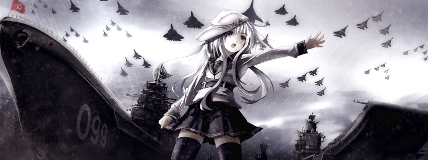admiral_kuznetsov admiral_kuznetsov_class_aircraft_carrier aircraft aircraft_carrier airplane black_legwear blue_eyes commentary fighter_jet hammer_and_sickle hat hibiki_(kantai_collection) highres jet kantai_collection long_hair military military_vehicle missile228 outstretched_arm outstretched_hand petr_velikiy_(battlecruiser) pleated_skirt school_uniform serafuku ship silver_hair skirt solo star su-33 su-57 thighhighs tu-160 verniy_(kantai_collection) warship watercraft