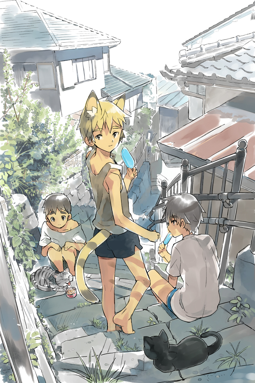 animal_ears black_cat black_hair blonde_hair brick_wall cat cat_ears cat_tail coin_rand drainpipe eating food highres house kneeling looking_at_viewer male_focus multicolored_hair multiple_boys neko_otouto off_shoulder original plant popsicle railing rooftop scenery shade shadow shirt shorts sitting sitting_on_stairs stairs t-shirt tail tile_roof two-tone_hair wall weeds