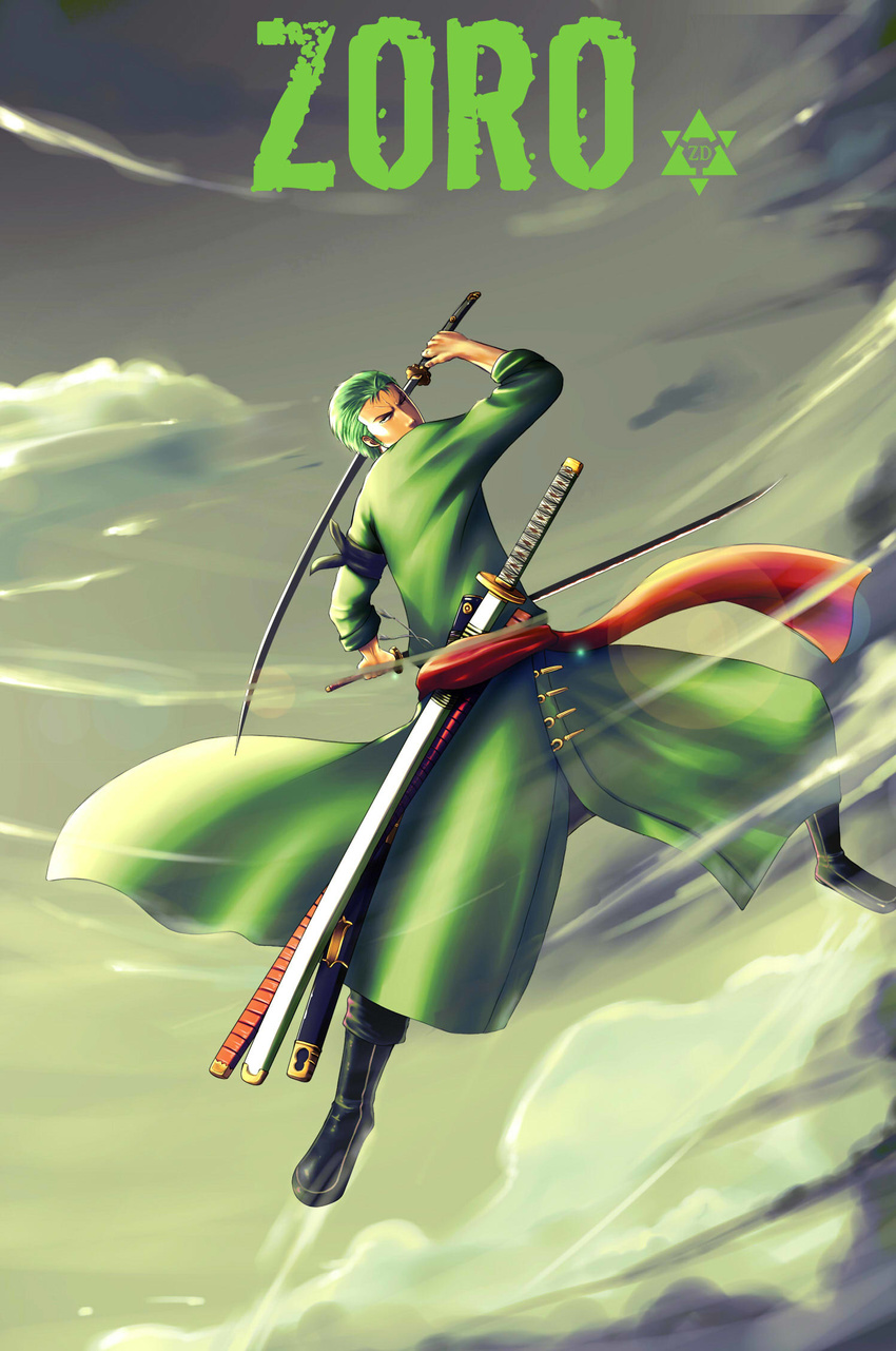 character_name cloud cloudy_sky dual_wielding green_hair highres holding katana male_focus one-eyed one_piece roronoa_zoro sash scar sheath sheathed sky solo sword weapon zhang_ding