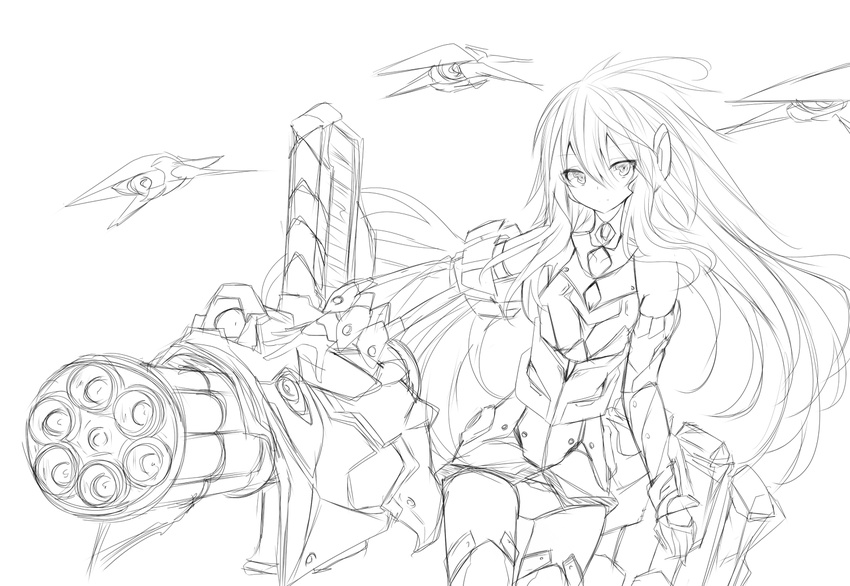 chabaneko greyscale gun long_hair looking_at_viewer monochrome original simple_background sketch solo very_long_hair weapon white_background