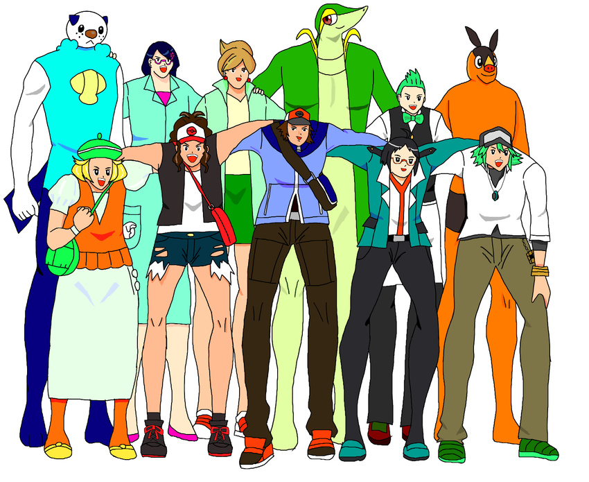 4girls :&lt; anatomical_nonsense apron araragi_(pokemon) arm_over_shoulder bad_anatomy baseball_cap bel_(pokemon) beret black_hair blazer blonde_hair blue_hair bow bowtie bracelet captain_tsubasa cheren_(pokemon) clenched_hand clenched_hands commentary_request dent_(pokemon) dress earrings gen_5_pokemon glasses green_hair hair_ornament hat highres jacket jewelry kamiwokoesim labcoat makomo_(pokemon) multiple_boys multiple_girls n_(pokemon) open_mouth oshawott pantyhose parody pokemon pokemon_(creature) pokemon_(game) pokemon_bw shorts skirt smile snivy standing style_parody tepig torn_clothes touko_(pokemon) touya_(pokemon) vest