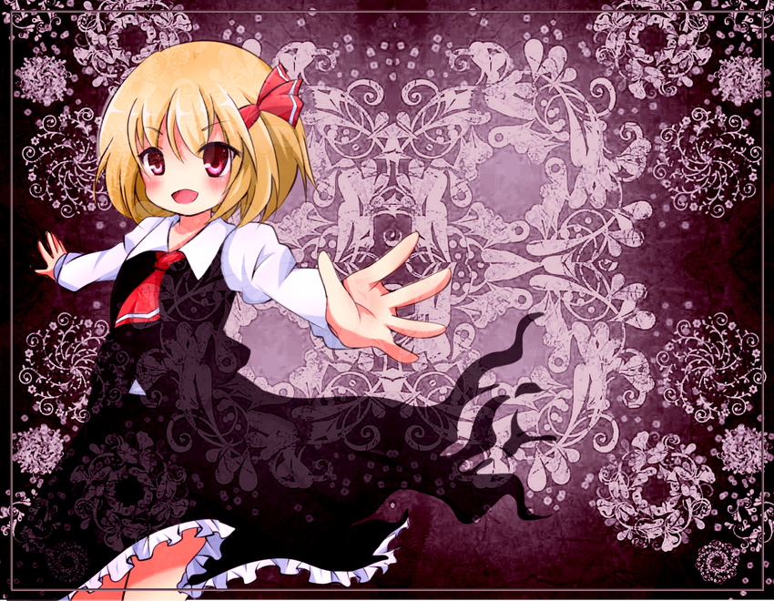 ascot blonde_hair blush border hair_ribbon long_sleeves looking_at_viewer multicolored multicolored_background open_mouth outstretched_arms red_eyes ribbon rumia short_hair skirt skirt_set solo spread_arms takojiru touhou