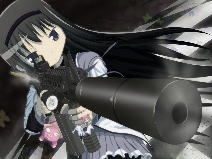 aiming akemi_homura black_background black_hair capelet casing_ejection character_doll checkered checkered_floor commentary_request cowboy_shot eotech expressionless grey_skirt gun hairband jitome kaname_madoka kyubey long_hair long_sleeves magical_girl mahou_shoujo_madoka_magica mk_18_carbine pantyhose pig pink_hair purple_eyes rifle shell_casing short_hair simple_background skirt sniper_rifle solo standing suppressor tenchou_no_matsumoto weapon