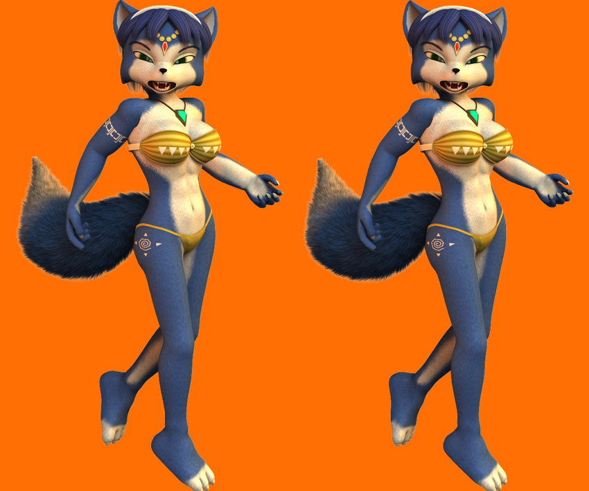 angry blue_fur body_markings canine clothing cockaforce cross_eye_stereogram female fox fur jewelry krystal looking_at_viewer mammal markings necklace nintendo plain_background solo star_fox stereogram video_games