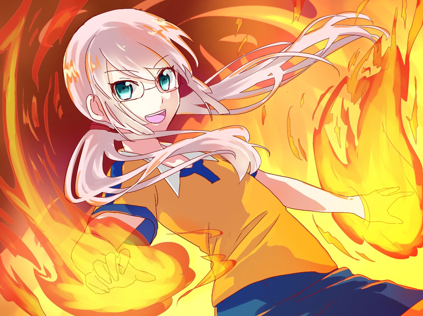 bad_id bad_pixiv_id fire glasses green_eyes inazuma_eleven_(series) inazuma_eleven_go inazuma_eleven_go_chrono_stone kirino_ranmaru kirino_ranmaru_(mixi_max_jeanne_d'arc) la_flamme long_hair male_focus open_mouth pimgier pink_hair raimon raimon_soccer_uniform soccer_uniform solo sportswear twintails