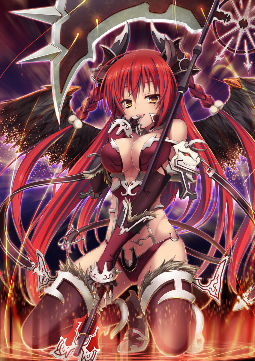 :p absurdres animal_ears armor bangs bikini_armor black_gloves black_legwear black_wings boots braid breasts cleavage elbow_gloves fur_trim gloves glowing hair_between_eyes hand_to_own_mouth highres horns kneeling long_hair magic_circle medium_breasts original red_hair saliva scythe slit_pupils smirk solo sweat tail thigh_boots thighhighs tongue tongue_out twin_braids two_side_up very_long_hair wings yellow_eyes yuzu_modoki