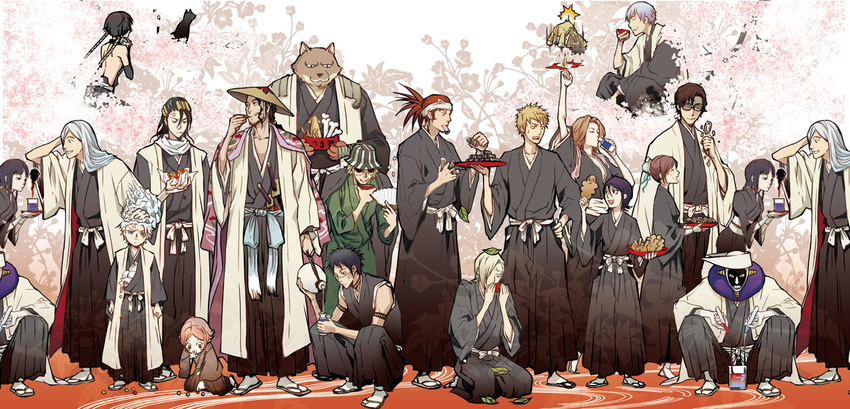 6+girls abarai_renji aizen_sousuke alcohol black_hair bleach bone brown_hair candy cherry_blossoms fan flask folding_fan food glasses hair_bun haori hat headband hinamori_momo hisagi_shuuhei hitsugaya_toushirou ice ichimaru_gin japanese_clothes katana kimono kira_izuru komamura_sajin kon kuchiki_byakuya kurosaki_ichigo kurotsuchi_mayuri kurotsuchi_nemu kusajishi_yachiru kyouraku_shunsui leaf matsumoto_rangiku minamida multiple_boys multiple_girls plate punching purple_hair red_hair sake sandals shihouin_yoruichi shihouin_yoruichi_(cat) silver_hair sui-feng sword taichou_haori tattoo test_tube ukitake_juushirou urahara_kisuke weapon white_hair