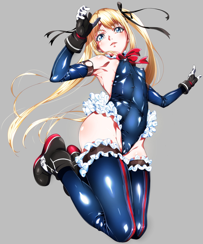 absurdres armpits blonde_hair blue_eyes blue_leotard blush boots breasts cameltoe covered_nipples dead_or_alive dead_or_alive_5 elbow_gloves full_body gloves grey_background hair_ribbon highres leotard long_hair looking_at_viewer marie_rose md5_mismatch niko_(tama) ribbon shiny shiny_clothes simple_background skin_tight small_breasts solo thighhighs