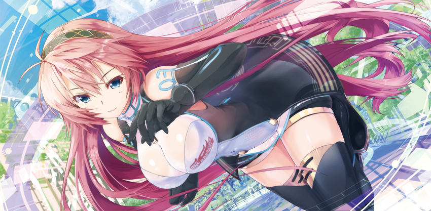 bent_over black_gloves black_legwear blue_hair boots breasts cleavage cleavage_cutout daidou_(demitasse) elbow_gloves gloves halter_top halterneck headphones highres large_breasts long_hair megurine_luka pink_hair race_queen see-through_silhouette shiny shiny_skin smile solo tattoo thigh_boots thighhighs very_long_hair vocaloid