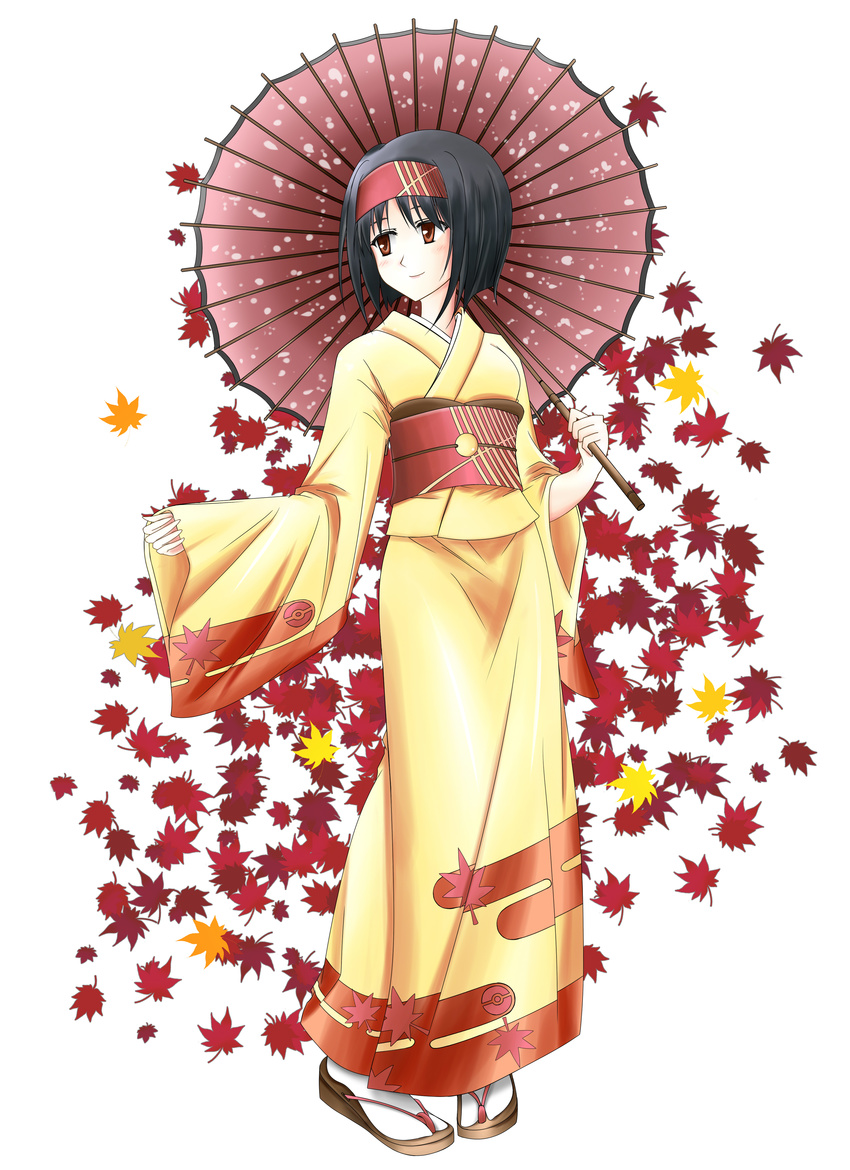 absurdres autumn_leaves black_hair erika_(pokemon) gym_leader hairband headband highres japanese_clothes kimono long_sleeves obi oriental_umbrella pokemon pokemon_(game) pokemon_hgss ria_(devolleyaile) sandals sash short_hair smile solo tabi umbrella wide_sleeves yellow_kimono