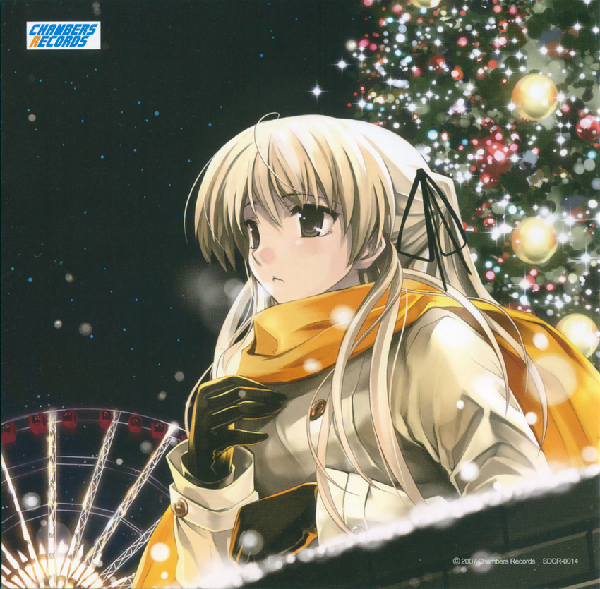 blonde_hair brown_eyes christmas_tree copyright_request cover ferris_wheel gloves highres long_hair misaki_kurehito orange_scarf scarf solo