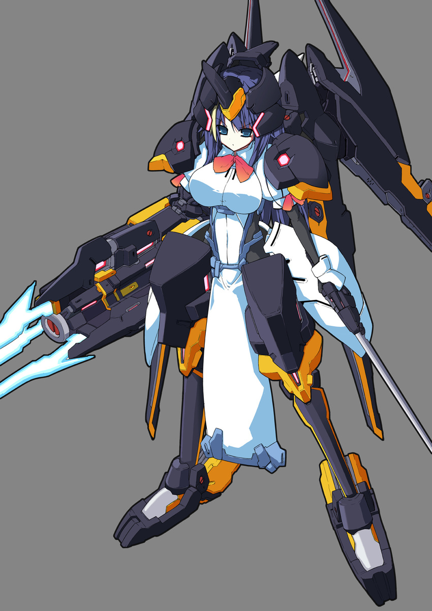 arm_cannon blonde_hair blue_eyes bodysuit bow bowtie breasts commentary gunblade highres large_breasts long_hair mecha mecha_musume mikage_(owari_no_chronicle) multicolored_hair owari_no_chronicle purple_hair sin6 solo susamikado weapon