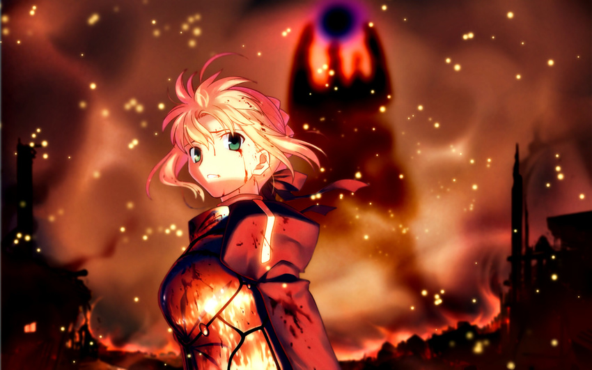 armor artoria_pendragon_(all) blonde_hair blood blood_on_face fate/zero fate_(series) fire green_eyes highres ruins saber solo takeuchi_takashi wallpaper