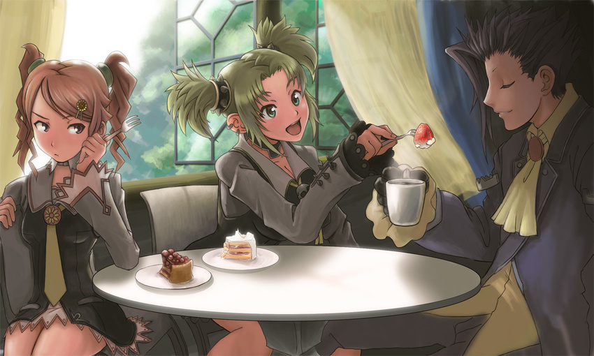 2girls cake closed_eyes cup droite_(tales) eating food fork fruit gauche_(tales) green_eyes green_hair happy motsu_rebaa multiple_girls necktie open_mouth pastry red_eyes red_hair short_twintails skirt strawberry tales_of_(series) tales_of_vesperia tea twintails yeager_(tales)