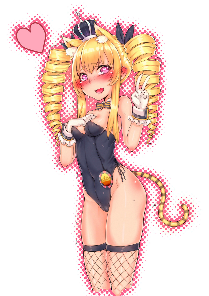 absurdres animal_ears blonde_hair blush bow bowtie cat_ears crown detached_collar drill_hair ear_blush fishnet_legwear fishnets gloves highres kittysuit leotard long_hair phantasy_star phantasy_star_online red_eyes shennai_misha tail thighhighs twin_drills twintails v wavy_mouth wrist_cuffs