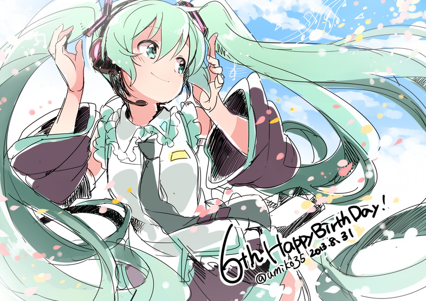 2013 artist_name beamed_eighth_notes beamed_sixteenth_notes dated detached_sleeves eighth_note green_eyes green_hair happy_birthday hatsune_miku headset long_hair musical_note necktie smile solo staff_(music) treble_clef twintails u35 very_long_hair vocaloid