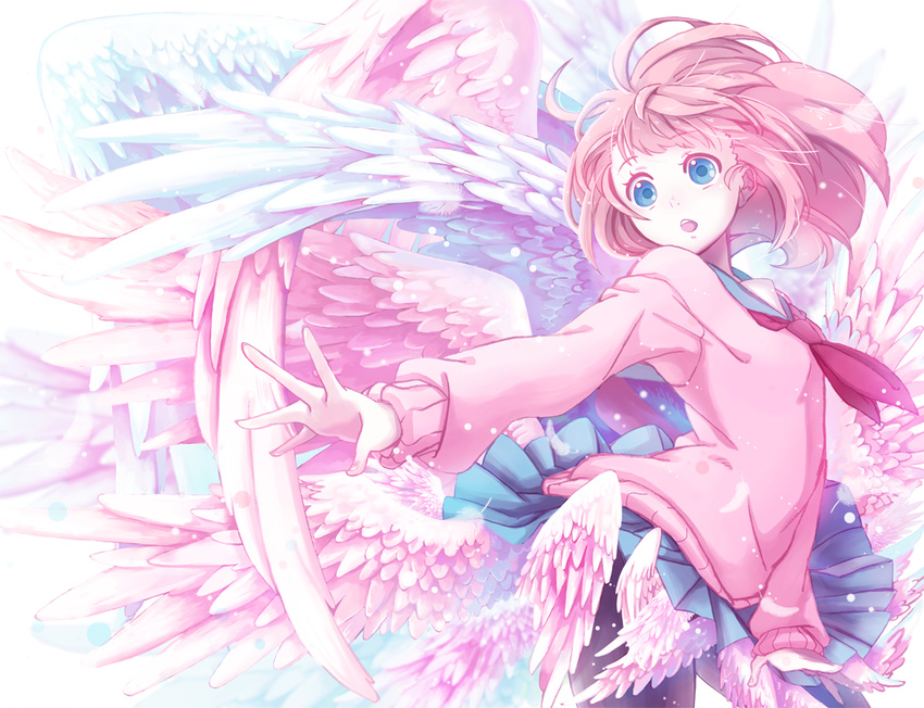 blue_eyes maeba_izumi multiple_wings original pink_hair short_hair skirt solo sweater thighhighs wings