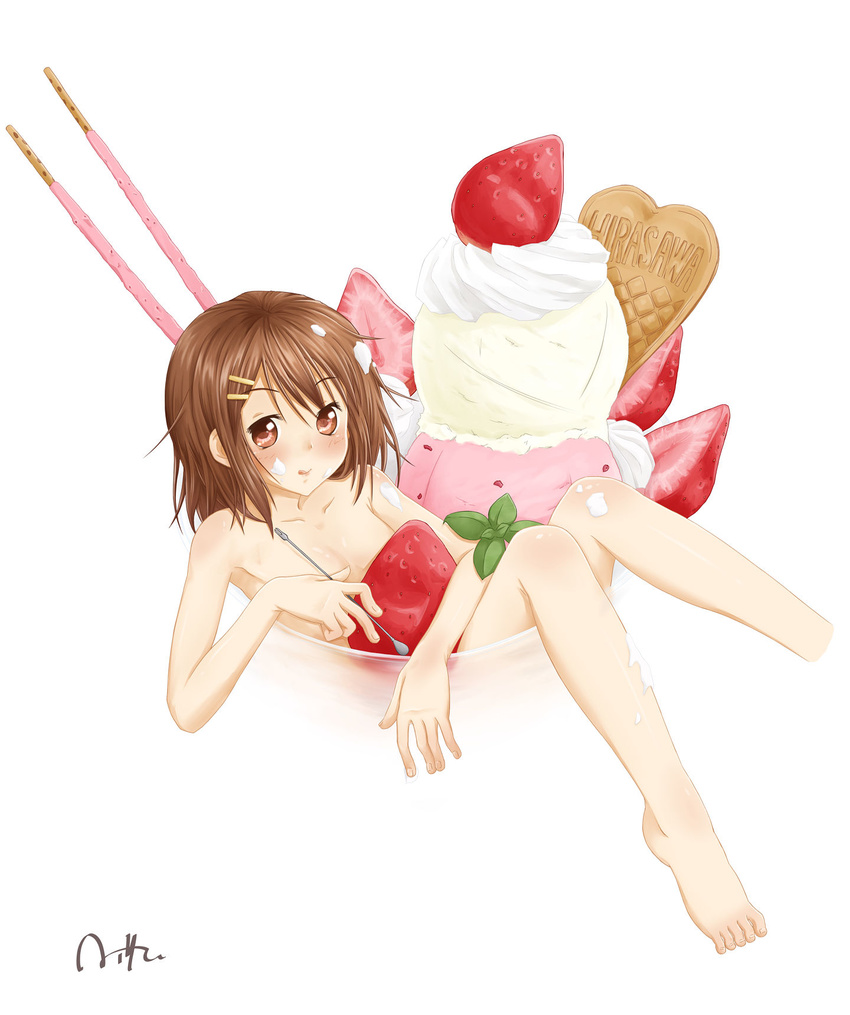 :p barefoot blush brown_eyes brown_hair cream food fruit highres hirasawa_yui ice_cream in_food k-on! minigirl nitta_hiroto nude parfait short_hair simple_background solo strawberry tongue tongue_out white_background