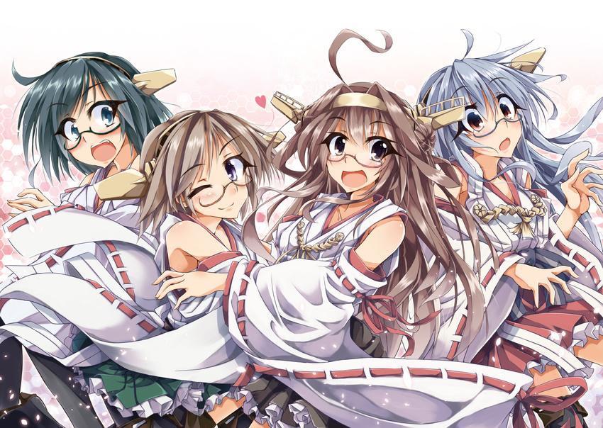 :d ;) ahoge aqua_eyes armpits bespectacled black_hair blue_hair blush boots brown_eyes brown_hair detached_sleeves frilled_skirt frills glasses hairband haruna_(kantai_collection) heart hiei_(kantai_collection) japanese_clothes kantai_collection kirishima_(kantai_collection) kongou_(kantai_collection) looking_at_viewer multiple_girls nontraditional_miko one_eye_closed open_mouth pantyhose red_eyes ribbon-trimmed_sleeves ribbon_trim skirt smile syuutu thigh_boots thighhighs wide_sleeves