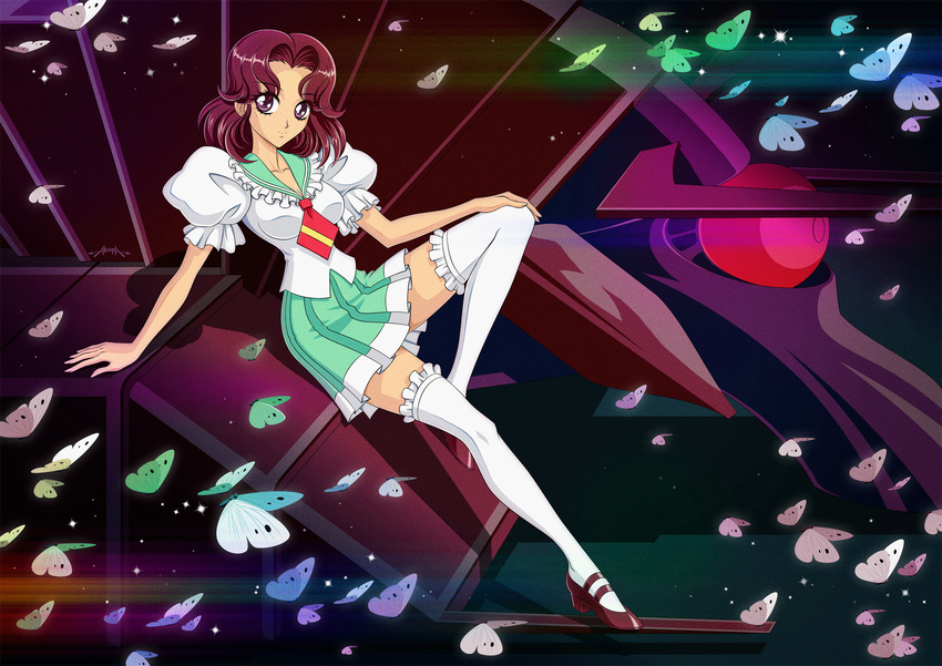 akiranime bangs bug frills full_body green_sailor_collar highres insect moth necktie ootori_gakuen_school_uniform parted_bangs purple_eyes purple_hair sailor_collar school_uniform serafuku shoes short_hair shoujo_kakumei_utena shoujo_kakumei_utena_adolescence_mokushiroku smile solo takatsuki_shiori thighhighs vehicle white_legwear zettai_ryouiki