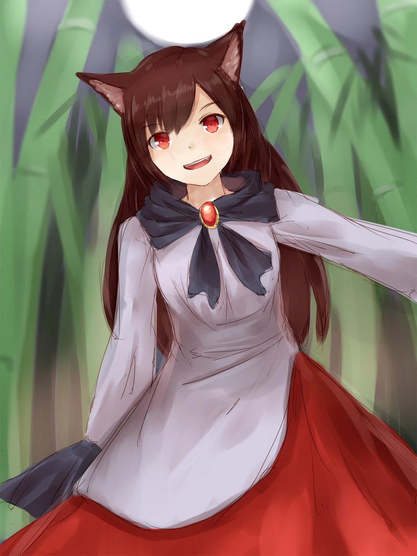 animal_ears bamboo bamboo_forest brown_hair dress forest full_moon highres imaizumi_kagerou long_hair moon nature night red_eyes shone touhou wolf_ears