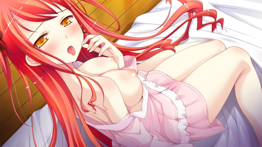 16:9 1girl bed blush breasts game_cg hinomiya_ayari ko~cha long_hair nipples red_hair witch's_garden witch's_garden yellow_eyes