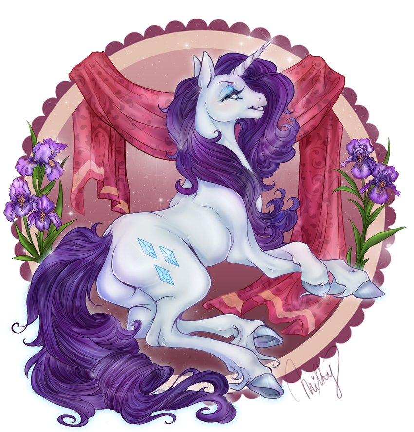 2013 blue_eyes cigarscigarettes curtains cutie_mark efmale equine eyeshadow female flower friendship_is_magic fur hair horn horse looking_at_viewer looking_back lying makeup my_little_pony pony purple_hair rarity_(mlp) smile sparkles unicorn
